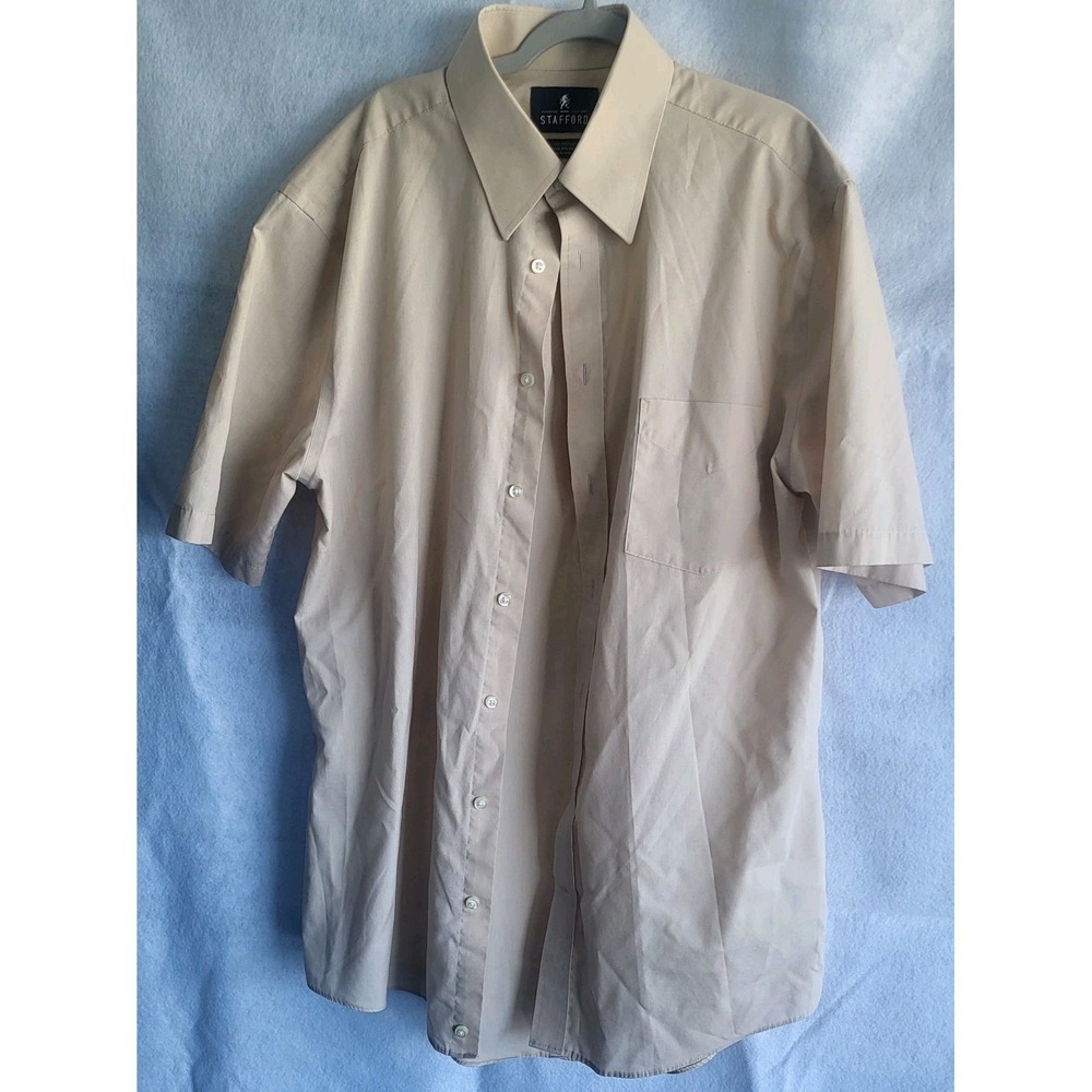 Stafford short sleeve dress shirt button up easy care 15 1/2 regular‎ fit beige